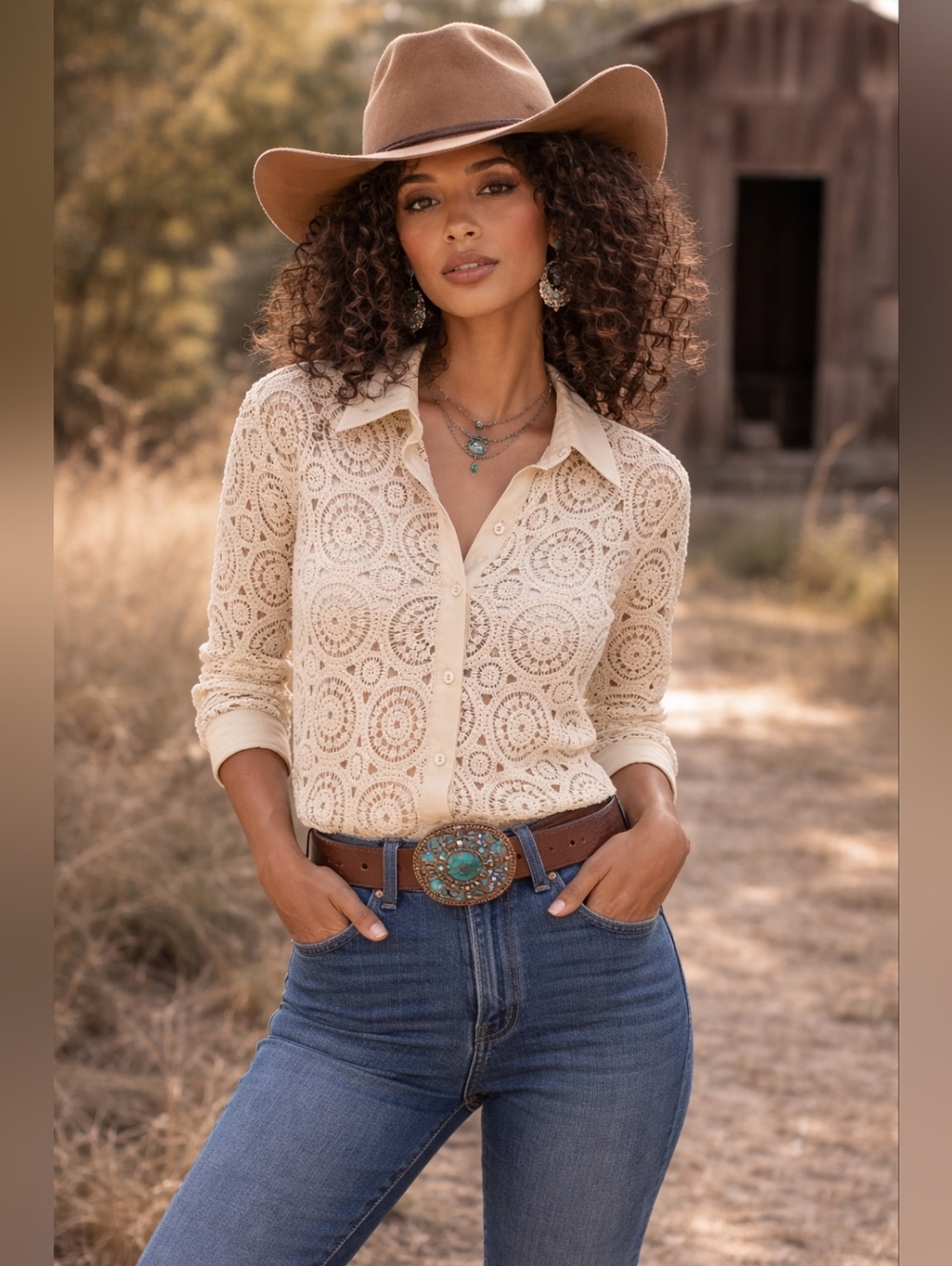 House of Harlow 1960 Cream Crochet Button-Down Shirt Oversized